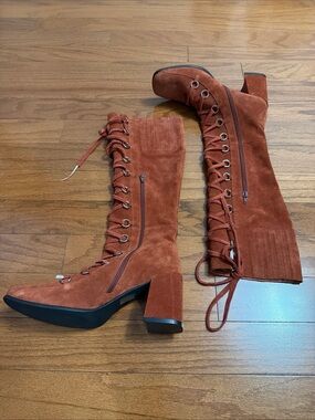 Jeffrey Campbell  Lace-Up Over The Knee Suede Boots sz 10 Rust Colored